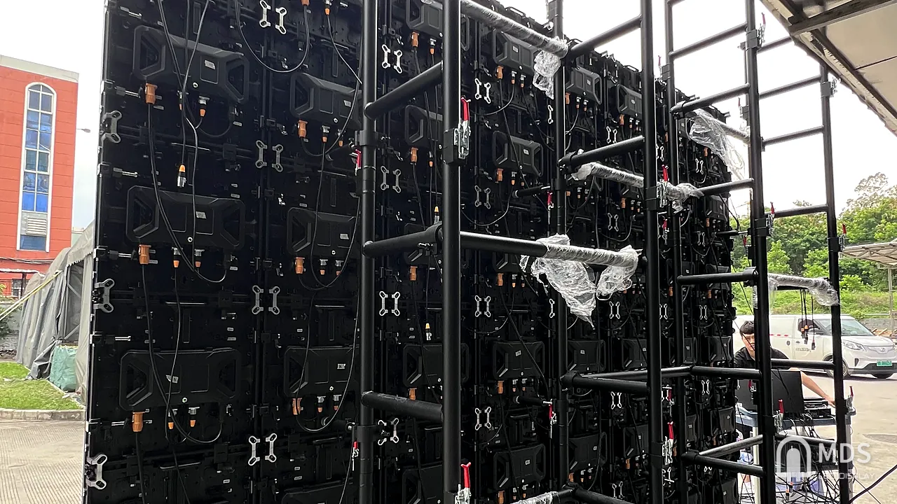 Rear view of an outdoor LED screen during pre-delivery assembly test at the MDS factory in Shenzhen