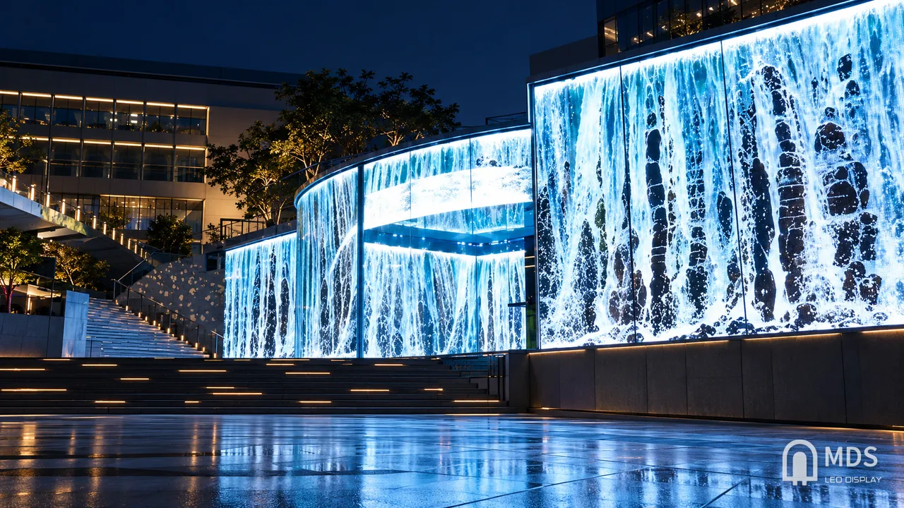 Curved transparent LED facade showing a waterfall animation at night