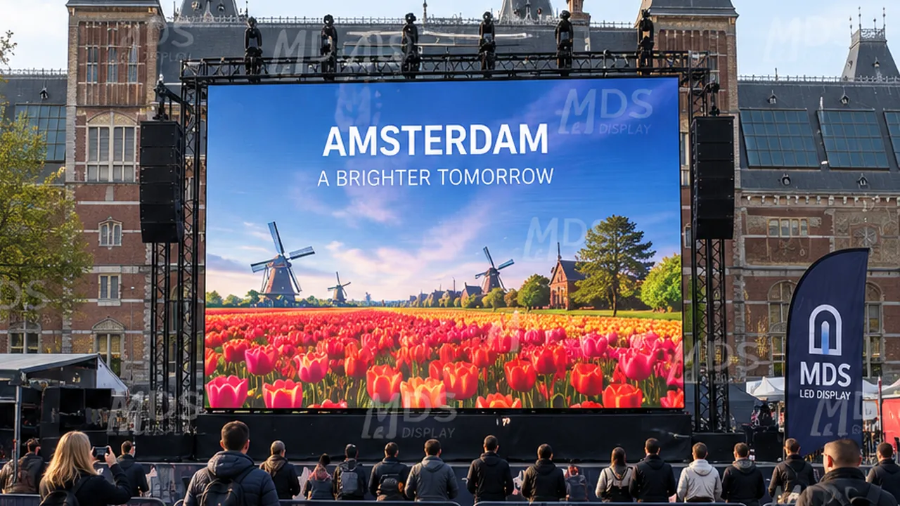 MDS EH-PRO outdoor COB P1.56 LED screen on a stage truss at an outdoor event in front of a historic building