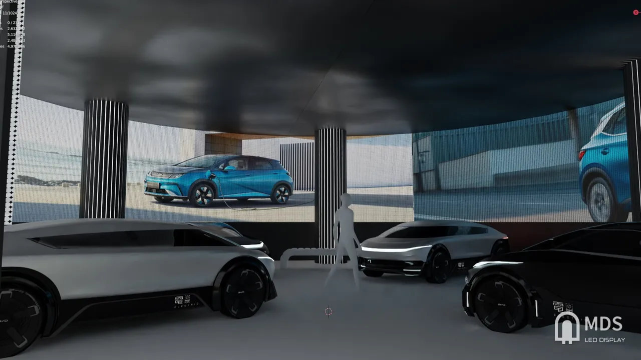 Design rendering of the BYD showroom interior with the 360-degree transparent LED ring around the cars