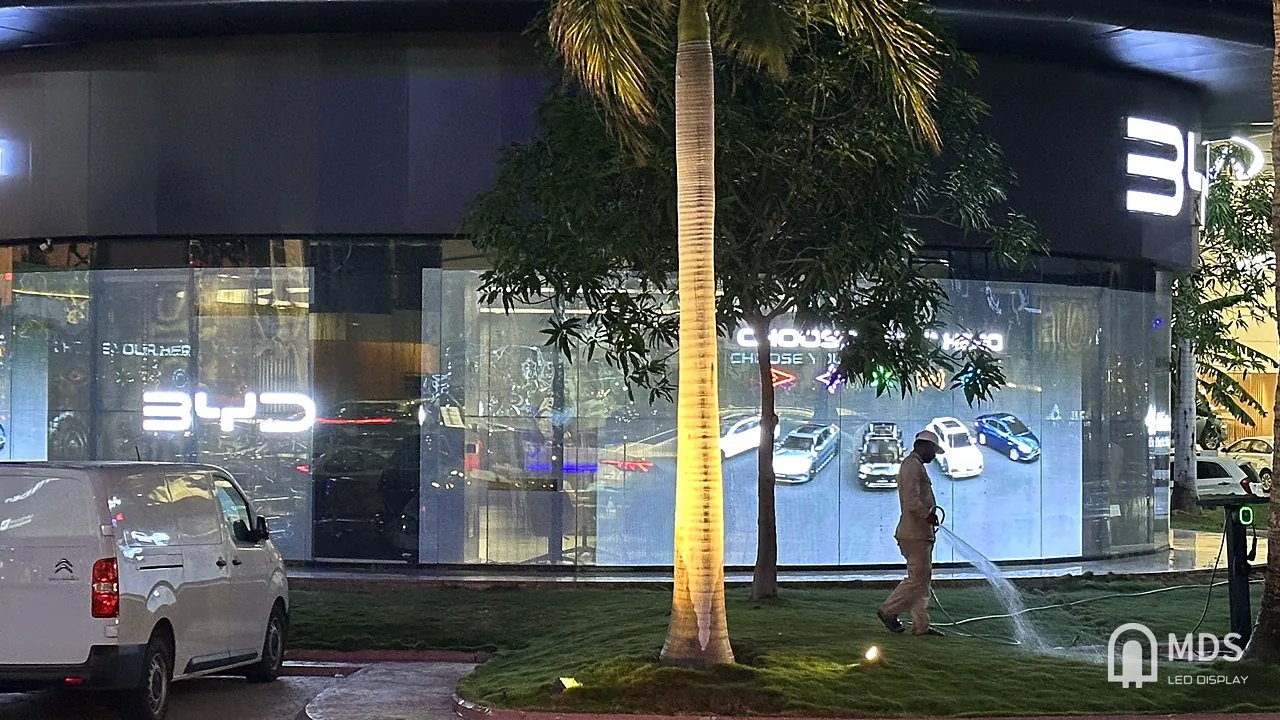 BYD showroom in Jeddah at night: MDS P6.25 double-sided transparent LED wrapping the round glass facade, street-facing side showing BYD car models