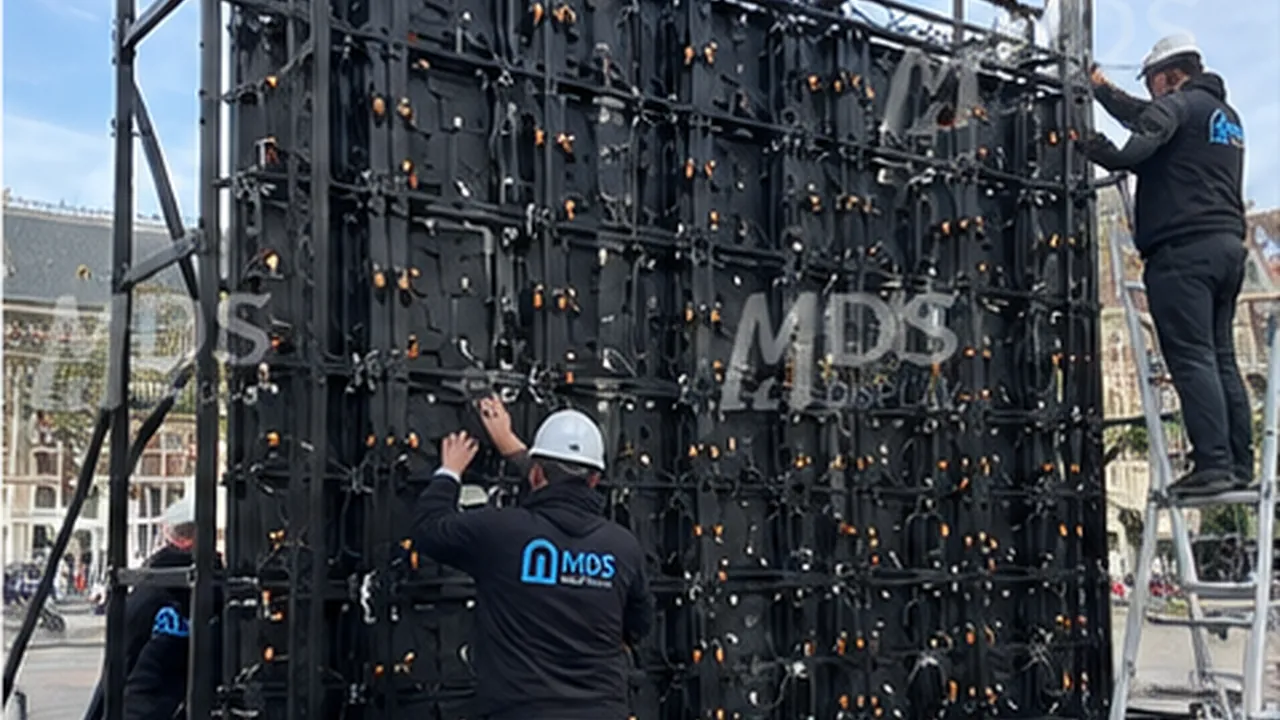 Technicians installing outdoor COB LED cabinets on the rigging structure in Amsterdam