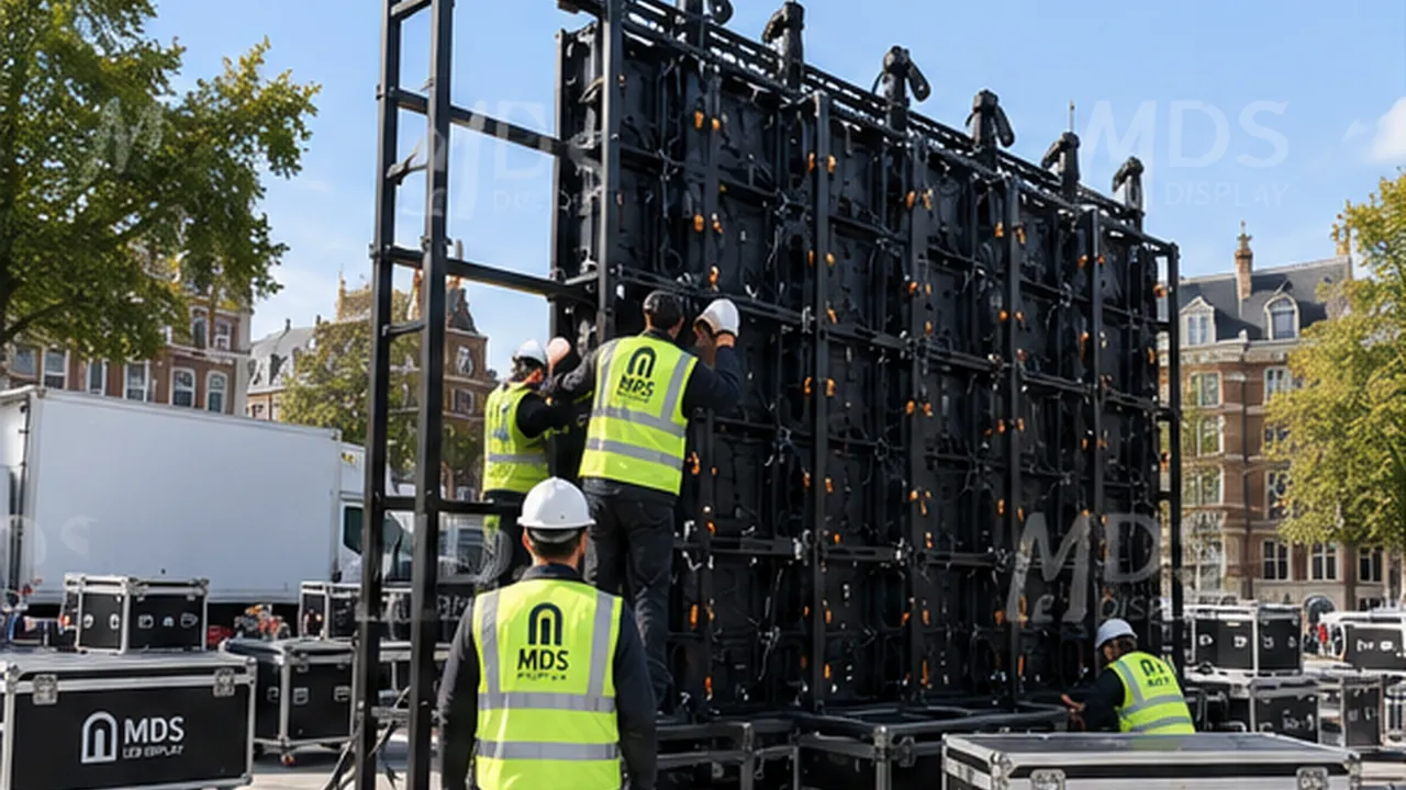 Technicians assembling outdoor COB LED cabinets on a rigging structure, with MDS flight cases on site